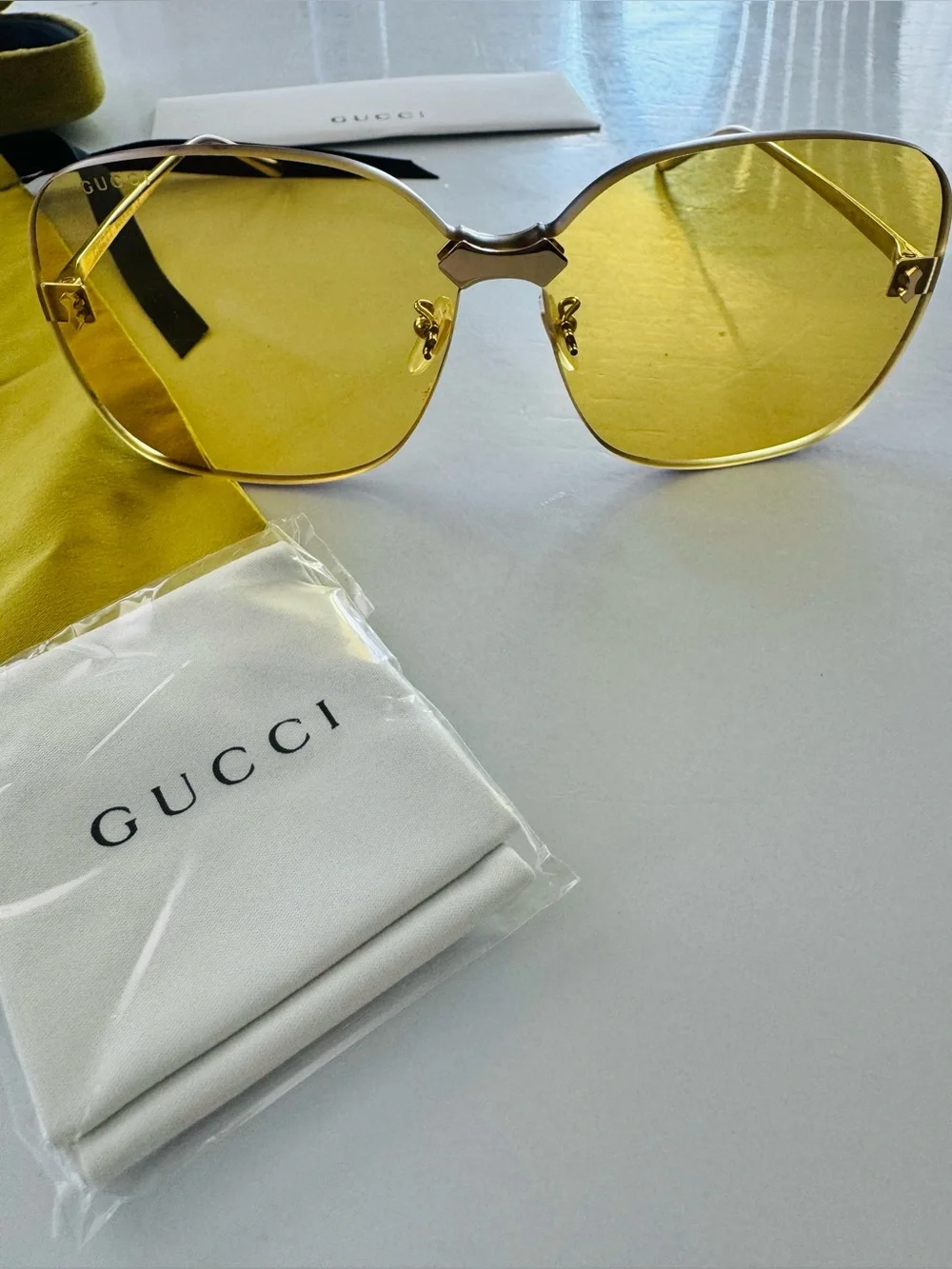 Authentic Gucci GG0355S 005 Gold Rimless Yellow Lens Sunglasses Complete Set Jap